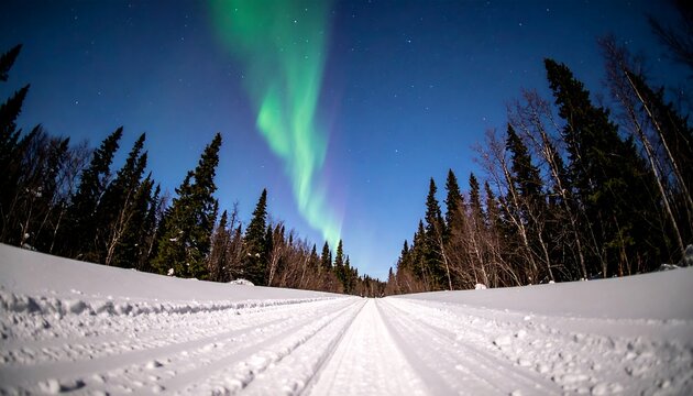 A snow-covered trail winds through a wintry forest, under a starlit sky displaying a vibrant aurora borealis.