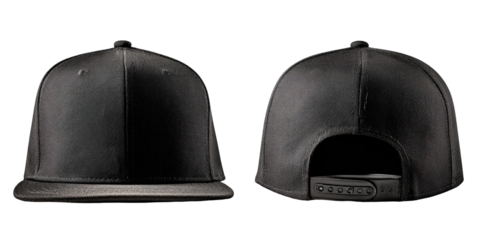 Black flat-bill cap, front and back views