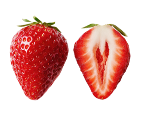 Two strawberries, one whole and one halved, displayed against a black background.  The whole strawberry is a vibrant red with visible seeds. The halved strawberry shows the interior flesh and seeds