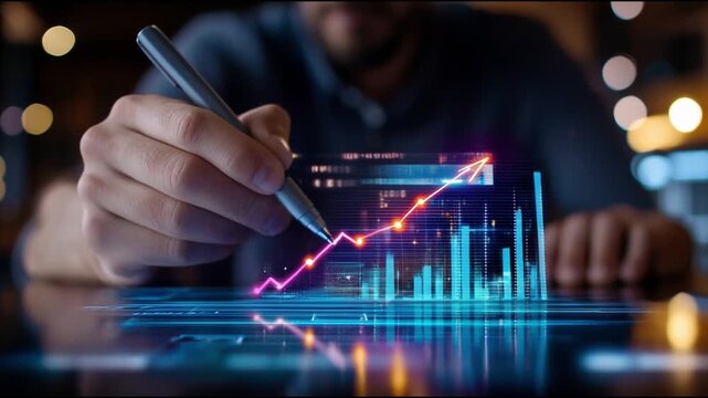 Close up view of a person's hand using a stylus to draw a rising graph on a digital tablet.  The graph glows with blue and red hues against a dark background.