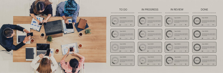 Task management tool dashboard showing kanban-style workflow with columns for to do, in progress, in review, and done, including task cards, progress, and team icons Vouch