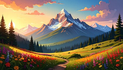 Majestic mountain range with snow-capped peaks, a meadow of flowers, and a sunlit sky