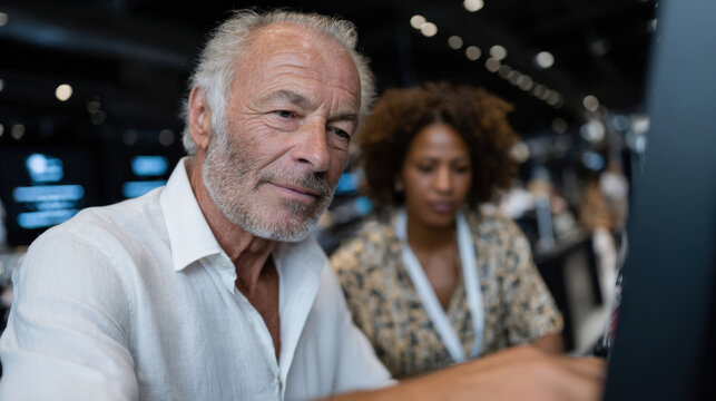 An elderly man interacts with technology while a woman assists him, showcasing companionship and support in learning new tools. - Powered by Adobe