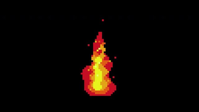 Animated pixel art flame effect with sparks for game design fire element and retro visuals, alpha channel footage.