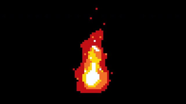 Orange and yellow animated pixel fire flickering on black background with alpha channel. Burning effect loop animation for game.