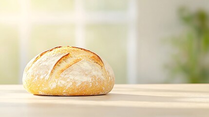 Golden crusty bread roll bathed in warm sunlight