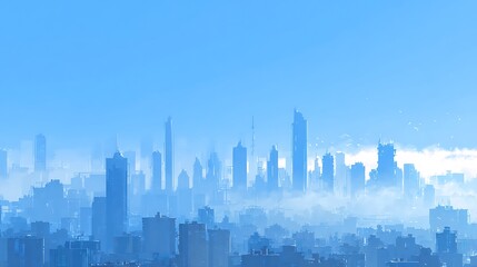 Naklejka premium Cityscape skyline view of urban buildings and architecture in foggy blue morning