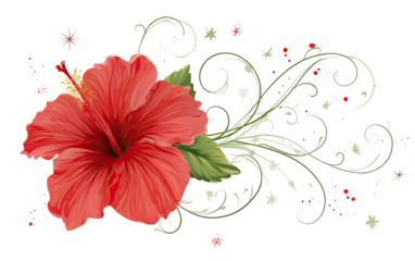 Red hibiscus flower with swirling, decorative foliage