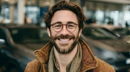 Portrait of a joyful customer smiling in a car dealership showroom, relishing the excitement of his new purchase and appreciating the outstanding customer service received