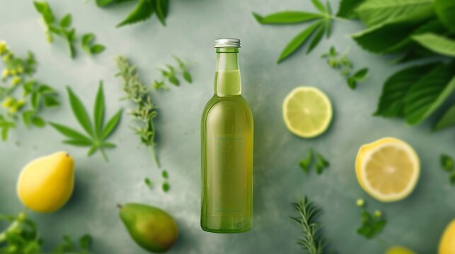 Green elixir bottle surrounded by fresh herbs and citrus fruits