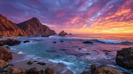 Waves gently crashing on the shore as a vibrant sunset paints the sky with hues of orange, pink, and purple over the dramatic cliffs and rock formations of pfeiffer big sur state park in california