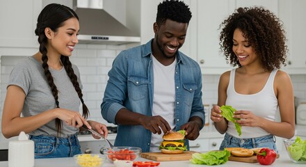 People friends prepare homemade burgers together at kitchen counter. Concept of happy friendship and healthy eating. Domestic cooking together