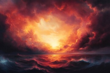 Vibrant sunset painting capturing a turbulent ocean, with dramatic waves rolling beneath a fiery sky filled with colorful clouds
