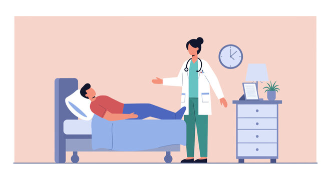 Caring doctor consults patient resting in hospital bed, promoting healthcare trust and recovery.