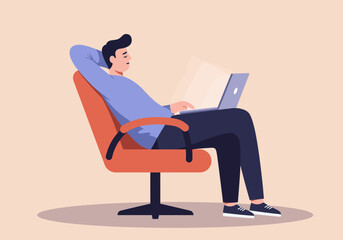 Man confidently working on laptop while relaxing in modern chair, capturing productivity and comfort.