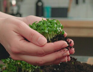 Hands holding a small plant with soil