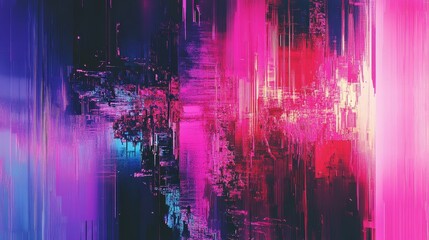 Futuristic glitch art featuring distorted pixel patterns and luminous light effects