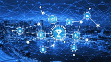 This image features a digital network overlay with icons illustrating achievements and metrics, set against a vibrant urban skyline, representing technology and innovation dynamics. Tessel