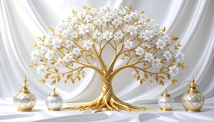 A stylized golden tree, blooming with white flowers, stands before a soft, white draped backdrop