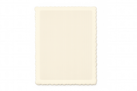 Vintage blank photo with ornate scalloped edge, resting on transparent backdrop, offering pristine area for personalization
