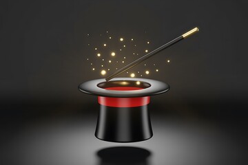 Enchanting magic hat with wand and glowing sparkles creates a whimsical and mysterious atmosphere