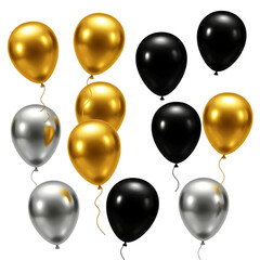 Collection of gold silver and black balloons isolated on transparent background