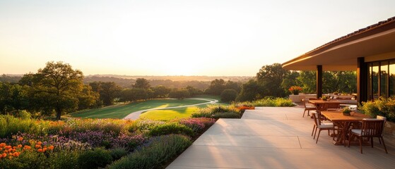 Tranquil morning on a luxurious terrace with wooden furniture, overlooking a lush golf course and vibrant flowerbeds at sunrise