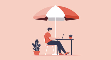 Man works on laptop under a large umbrella, a perfect scene for remote work and casual office life.