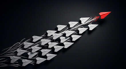 Bold red paper airplane leads a fleet of white planes in a dynamic airborne formation, symbolizing innovation and success.
