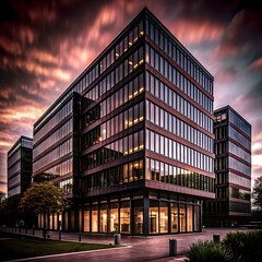 Modern glass office buildings reflecting dramatic sunset sky with warm orange and purple hues
