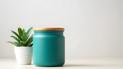 Teal jar with wooden lid and succulent plant on a white table, isolated on white background