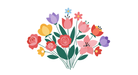Colorful bouquet of stylized flowers isolated on transparent background