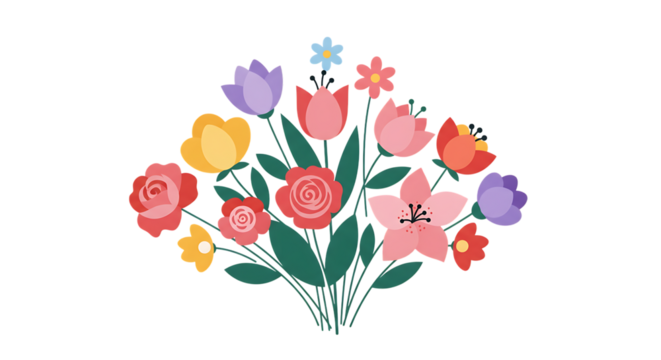 Colorful bouquet of stylized flowers isolated on transparent background
