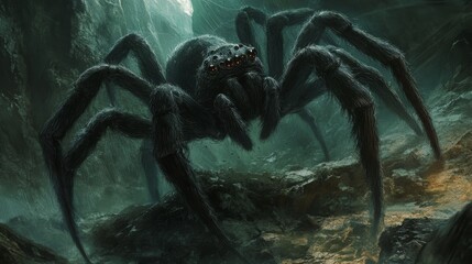 Mysterious giant spider crawling through an eerie dark fantasy landscape shrouded in shadows