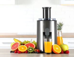 Modern juicer and fresh fruit on a kitchen counter