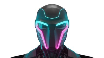 Futuristic robot helmet with neon lights isolated on transparent background