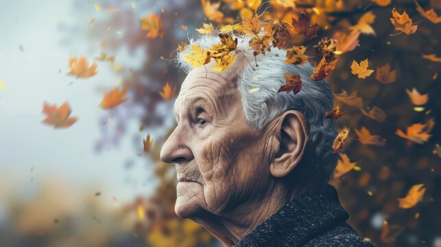 Reflective portrait highlighting alzheimer disease awareness month with autumn leaves theme. Horizontal banner, copy space. Brain dysfunction. Memory loss. Degenerative disorder Mental health - Powered by Adobe