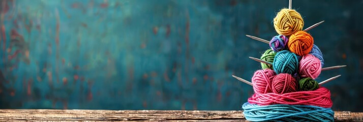 Creative yarn Christmas tree with colorful balls for festive decoration. Horizontal banner. Copy space. Happy New Year. For handicraft stores, handicraft materials