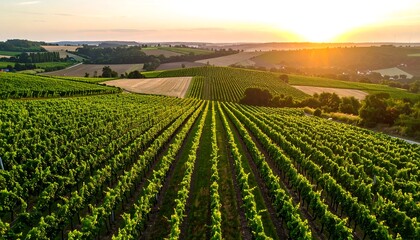 Aerial view of a vineyard bathed in warm sunset light, rows, fields, and rolling hills visible