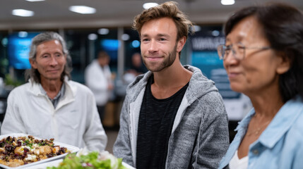 Naklejka premium A young man with a cheerful demeanor stands at a social gathering, holding a delicious platter of food, surrounded by others, highlighting a joyful community moment.