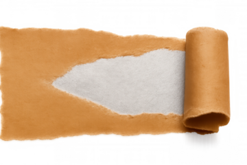 Rolling up orange torn paper to reveal a white background on a transparent surface