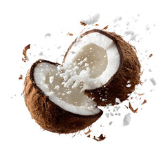Split Coconut with Flying Pieces Tropical Fruit Photography isolated on transparent background