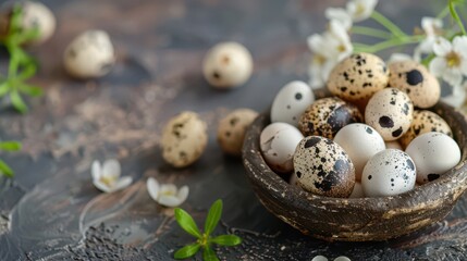 Quail eggs in rustic bowl with floral decor for world egg day celebration. Happy Easter. Horizontal banner. Copy space. World Farm Animals Day. World Bird Day. Healthy farm food