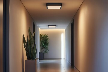 Fototapeta premium Warm light illuminating a modern corridor with plants in pots, creating a welcoming atmosphere