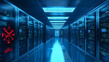 Fototapeta premium A futuristic data center filled with server racks illuminated by blue lights. The sleek design emphasizes technology's role in modern data management and digital infrastructure.