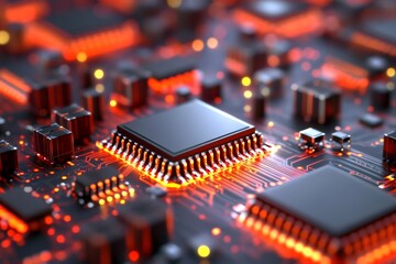 Close up of microchips glowing on a circuit board, symbolizing advanced technology and processing power