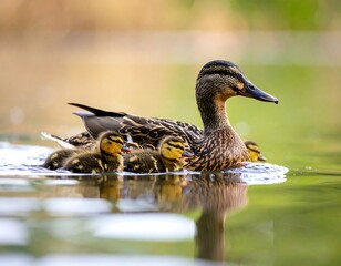 Fototapeta premium Mother duck and ducklings on a pond