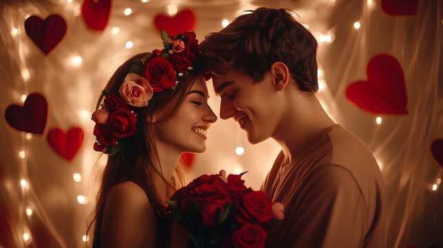 Romantic Couple with Roses and Hearts