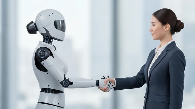 Robot and Woman: A symbolic depiction of progress, featuring a female and a robot shaking hands in a modern, light-filled office. Signifying innovation, and partnership.