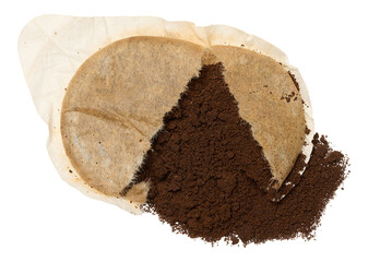Torn round coffee pod or single serving of ground coffee wrapped in filter paper. Isolated background